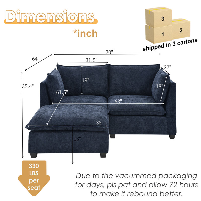 Shugar 70"W Comfy Cloud Couch Sectional Sofa, Navy Blue Chenille