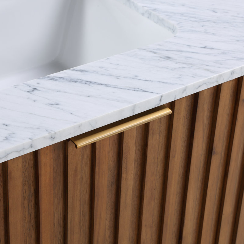 Terra 48'' Single Bathroom Vanity with Top, Carrara Marble/Single Faucet Mount, Walnut, Satin Brass