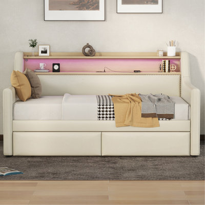 Twin Size Daybed With Storage Drawers, Upholstered Daybed With Charging Station And LED Lights, Beige by Latitude Run