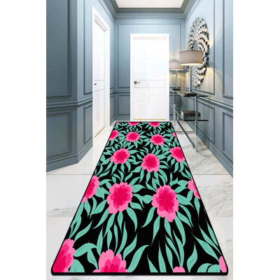 Tapis floral rose / vert / noir en polyester tissé à plat à la main Mccreary