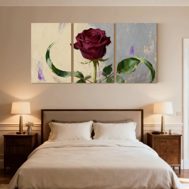 Rose, rose rouge sur toile avec feuilles vertes, ensemble de 3 impressions d'art sur toile, H 18 po x l 36 po