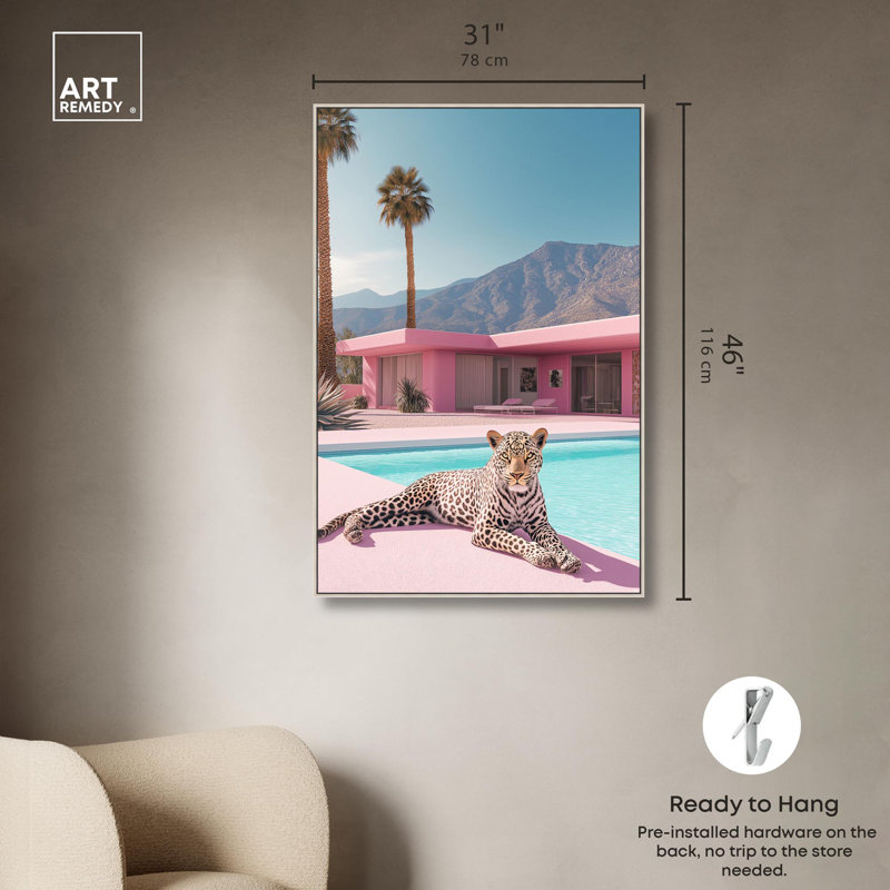 Art Remedy, toile d'art moderne tigre, maison rose léopard, H 46 po x l 31 po, Encadrement argenté