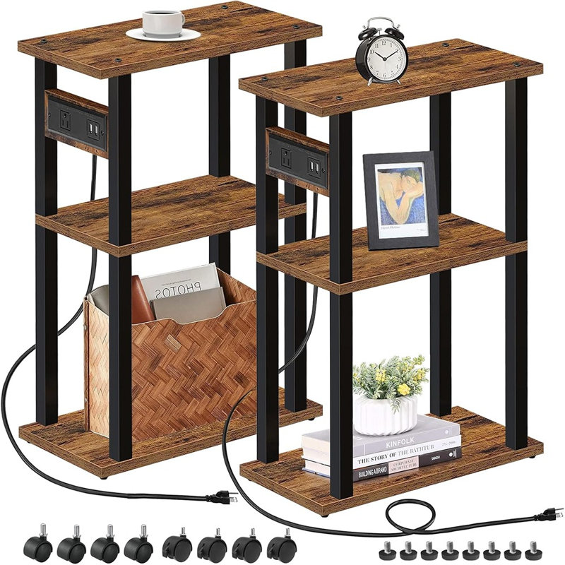 Ensemble de 2 tables d'appoint étroites avec station de charge, tables de bout minces avec ports USB, prise de courant CA et roulettes, tables de chevet peu encombrantes pour petits espaces, brun