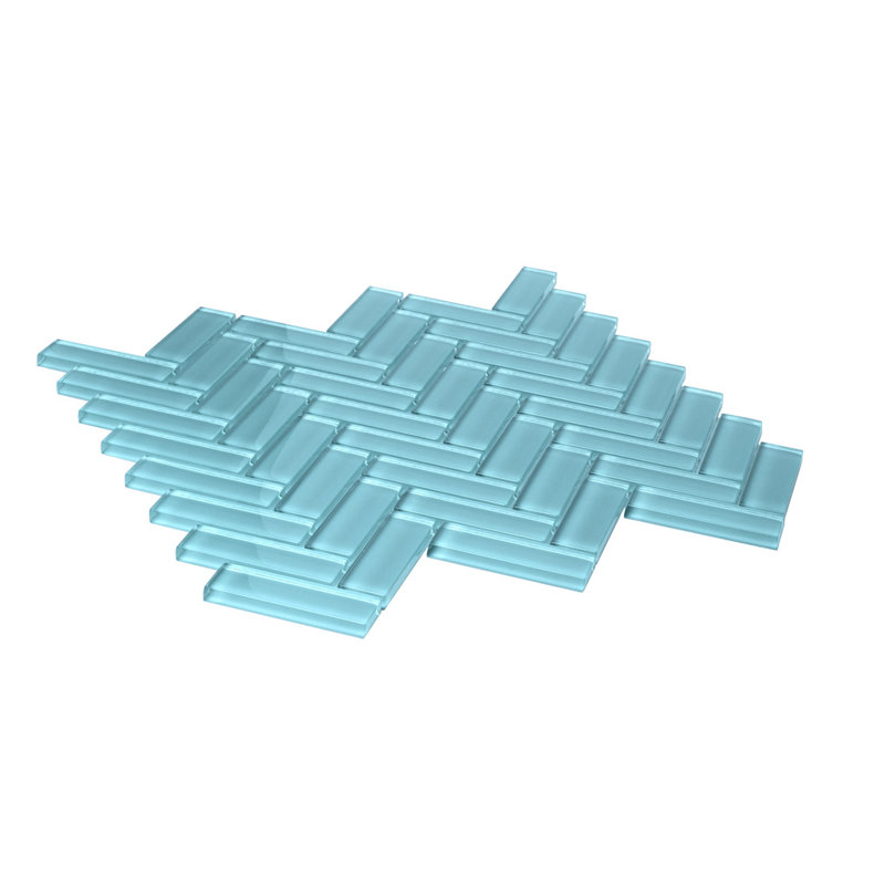 11"X 12.6" Herringbone Polished Glass Mosaic Tile, Light Blue