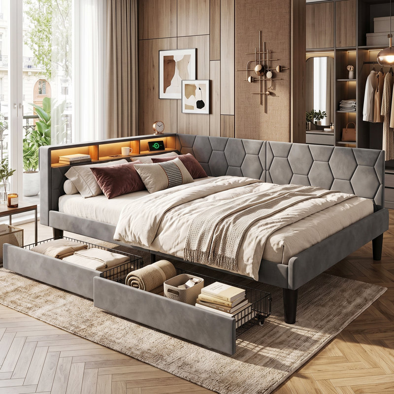 EU Single & Double Velvet Smart Daybed with 2 Storage Drawers, Upholstered Sofa Bed Frame with USB & Type-C Charging Station, LED Lights, Beige & Grey, 90/140x200cm