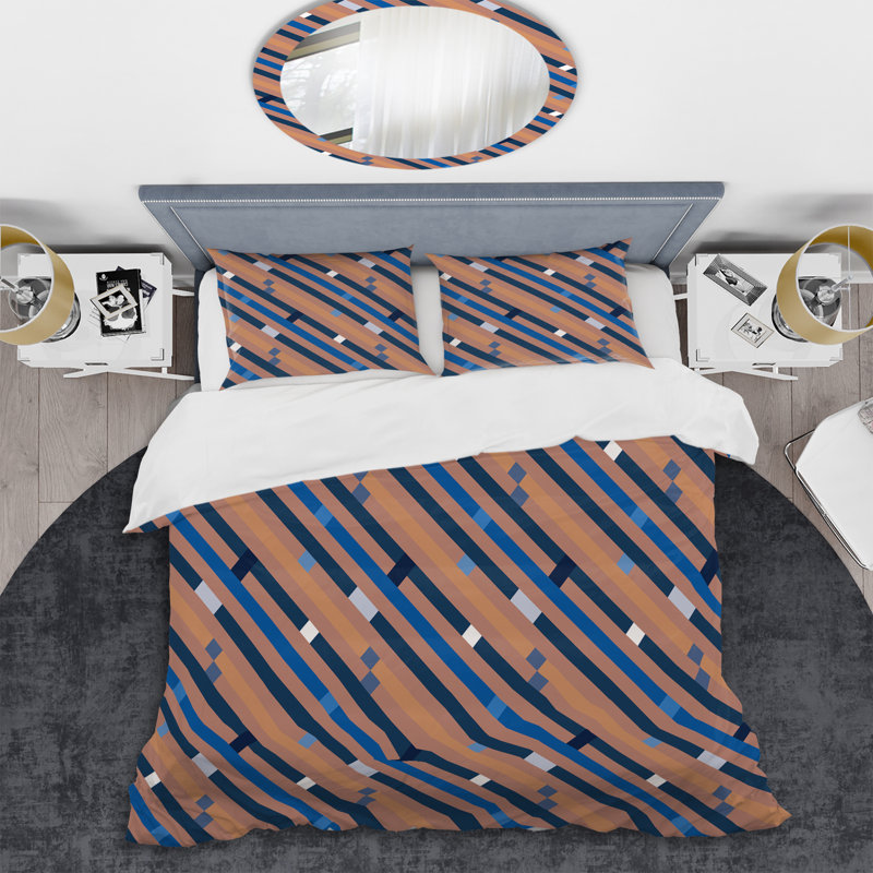 Motif à rayures bleues et brunes - Ensemble de housse de couette abstrait - Microfibre de polyester