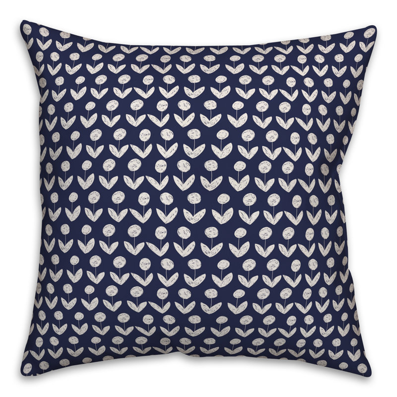  Coussin Drawn Flowers, 16 po x 1 po, Bleu marine