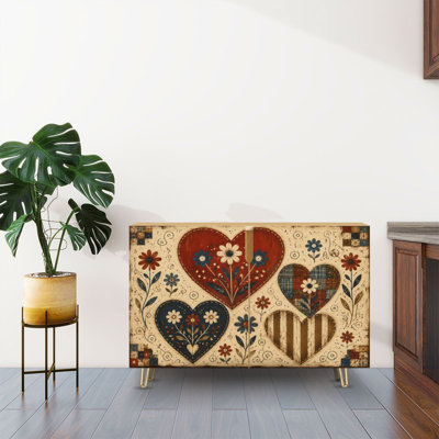 Sideboard Buffet Cabinet with Storage Rustic Folk Art Style Hearts Floral Patchwork Elements with 2 Doors for Living Room and Kitchen