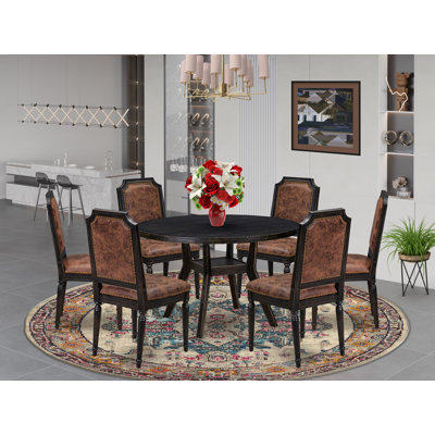 Ensemble de salle à manger 7 pièces avec 6 chaises de salle à manger en polyester texturé brun, dossier haut et table de petit-déjeuner au fini noir sablé.