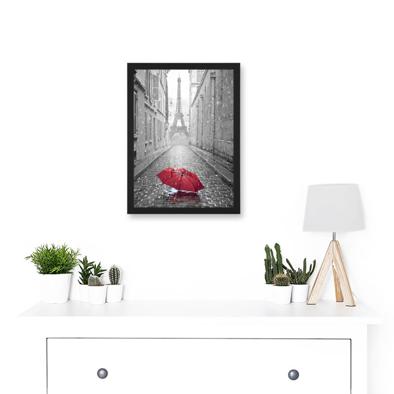 Eiffel Tower In Paris Umbrella Rain Alley Cobbles - Single Picture Frame Print