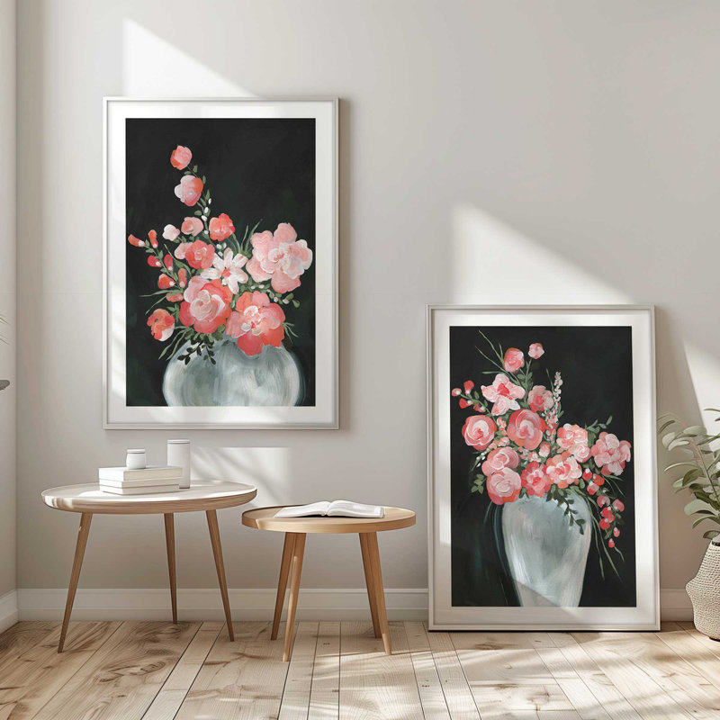 Ensemble de 2 impressions délicates fleurs de corail, Cadre en zinc patiné, H 17,5 po x l 27 po
