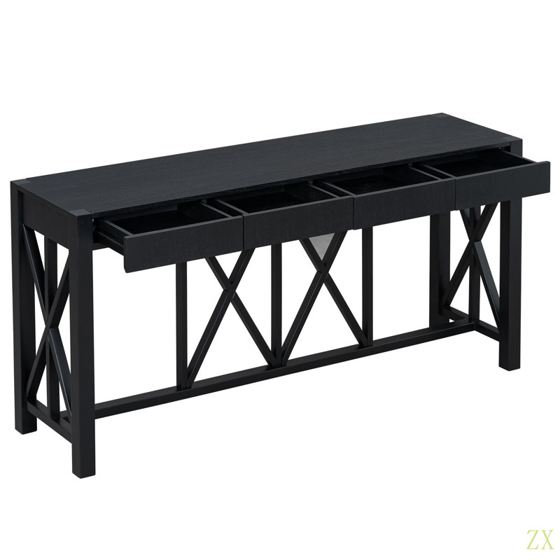 60''Acacia Veneer Console Table With 4 Spacious Drawers, Modern Crisscross Design Entryway Table With Open Bottom Storage,Farmhouse Sofa Table For Living Room,Kitchen,Dining Room,Hallway