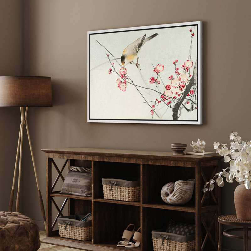 Oiseau et fleurs de cerisier, H 24 po x l 16 po, Blanc
