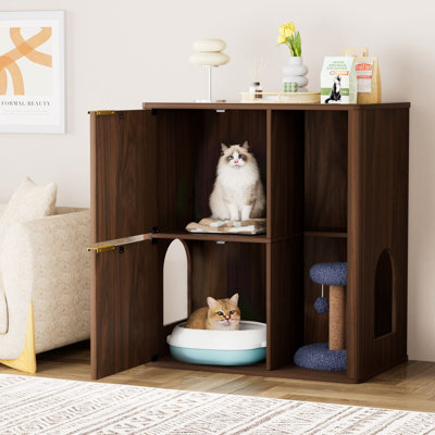 Enceinte de litière multifonctionnelle en noyer avec rangement en bois et design moderne