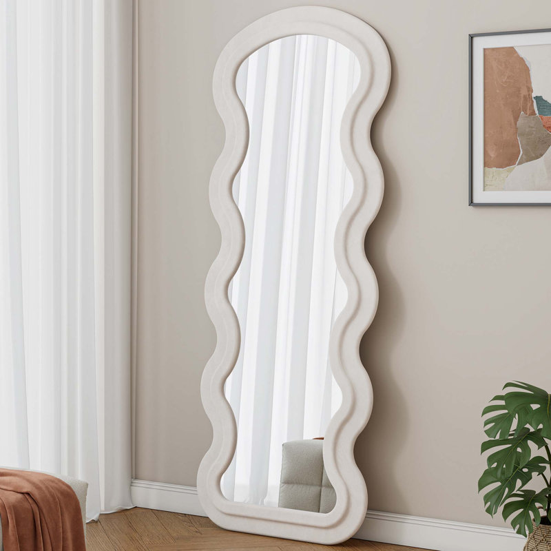 Flannel Full Length Wave White Floor Mirror With Stand, Cream White