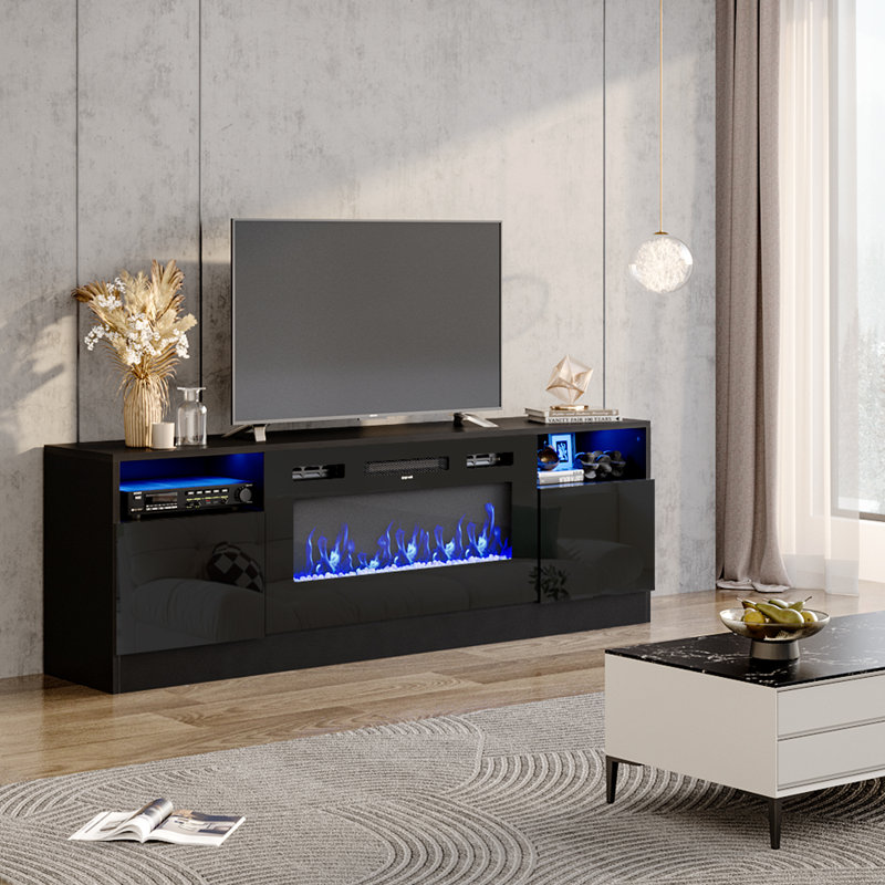 Borofsky Recessed Electric Fireplace TV Stand with Closed Storage, Black