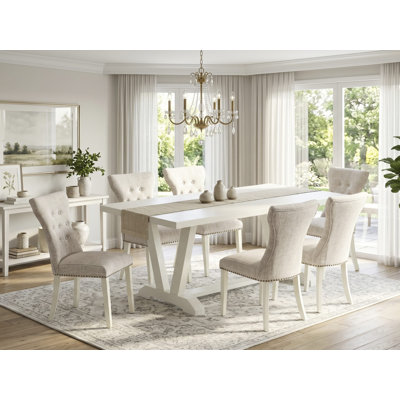 7-Pc Kitchen Dining Table Set and 6 Doeskin Linen Fabric Padded Chairs with Button Tufted Back - Wire Brushed Linen White