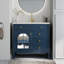 Meuble-lavabo bleu de 90,4 cm (35,6 po) avec lavabo en verre antique, armoire de rangement et surface résistante à l'usure, style médiéval autoportant, tiroirs.