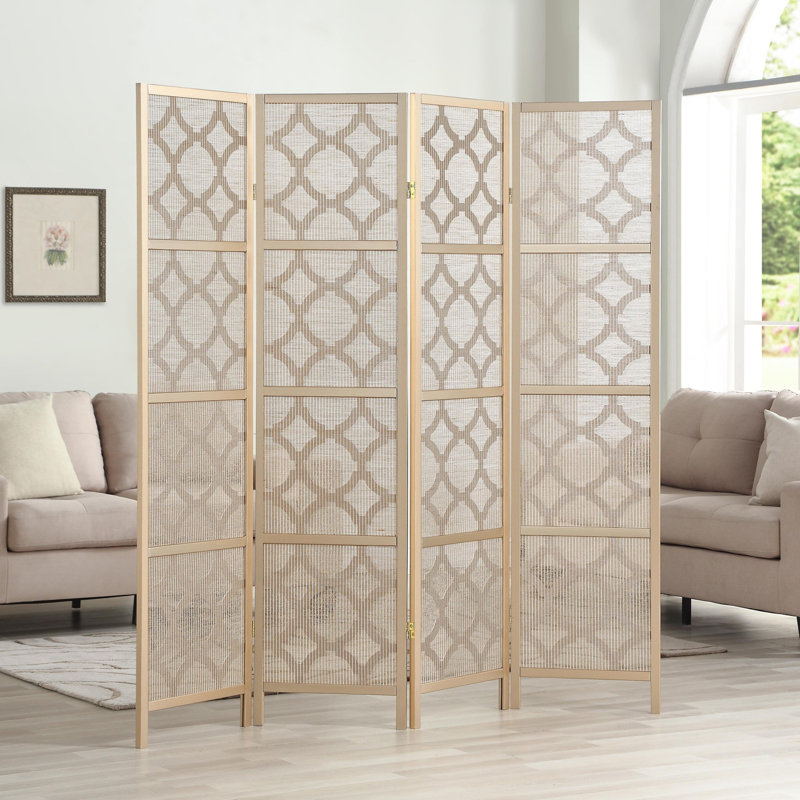 Gold Shoji-Inspired 4-Panel Folding Room Divider with Rice Paper Inlay