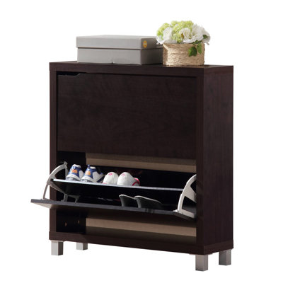 Simms Dark Brown Faux Wood Shoe Cabinet With Silver Plastic Legs, 37'' H X 31.25'' W X 9.25'' D