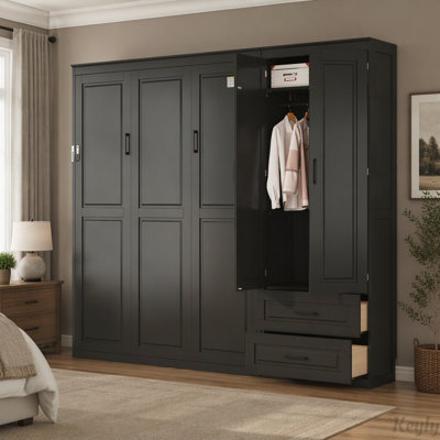 Queen Murphy Bed with Storage Wardrobe, Drawers, and Upholstered Headboard