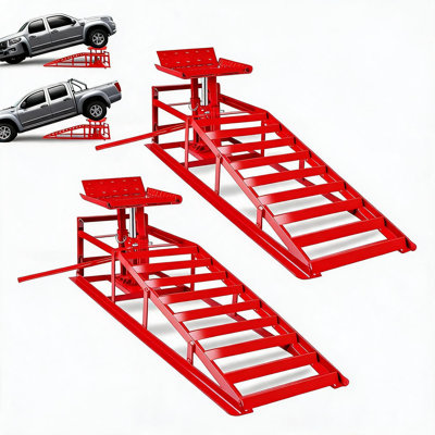 Heavy Duty Hydraulic Car Ramps 5 Ton - Adjustable Lift Height 9.3"-14" - Anti-Slip Steel Ramps with Safety Chain Bolt - Ideal for Cars, SUVs, Trucks, Auto Repair, Garage Workshop Tools - Red
