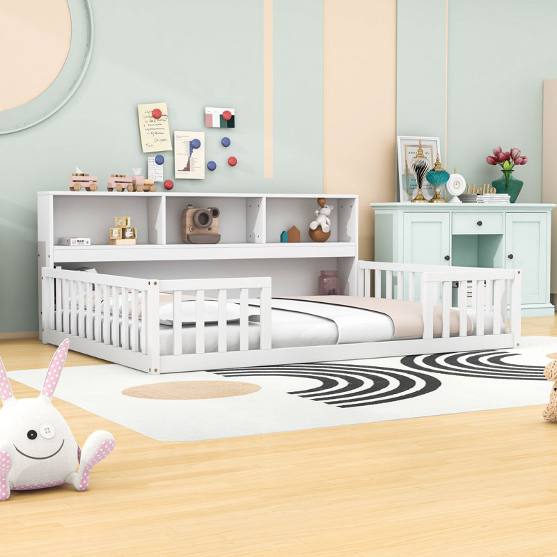 Wooden Floor Daybed With Integrated Full-Length Shelves And Guardrails, Full, White
