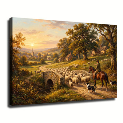Shepherd on Horse Herding Sheep over Stone Bridge English Countryside Sunset Oil Painting Gallery Wrapped Canvas Wall Art