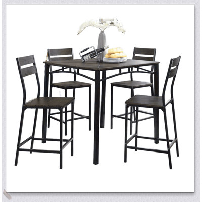 Ensemble de salle à manger de style industriel brun antique 5 pièces avec table à hauteur de comptoir et 4 chaises hautes, durable et élégant