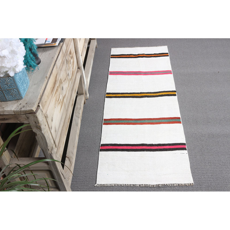 Tapis turc antique à motif Oushak rayé rose idéal pour la cuisine ou le vestibule