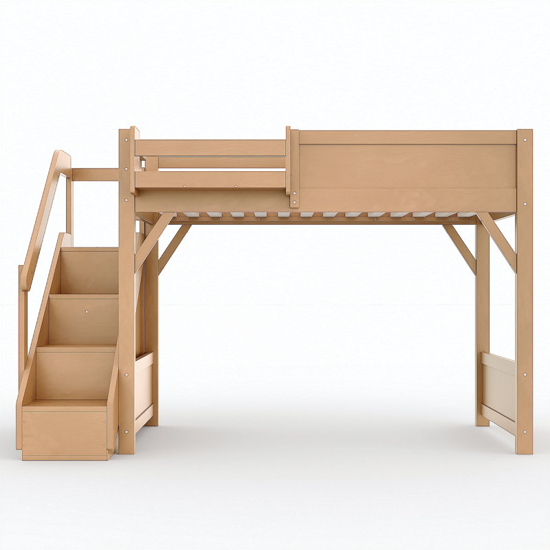 Lit mezzanine simple avec garde-robe et espace de rangement intégrés, lit mezzanine en bois massif avec tablettes à côté, garde-corps pleine longueur et escalier, pas de sommier nécessaire, naturel profond