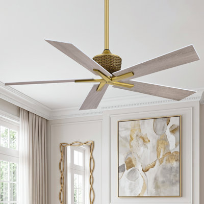 52" Modern Farmhouse Brass Ceiling Fan With Remote Control 5 Wood Blades 6 Speeds Reversible DC Motor No Light