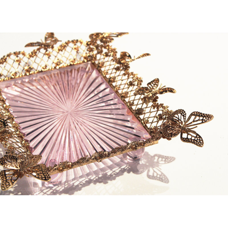 Glorieux Hand-Engraved Pink Crystal Tray with Gold Brass Butterflies