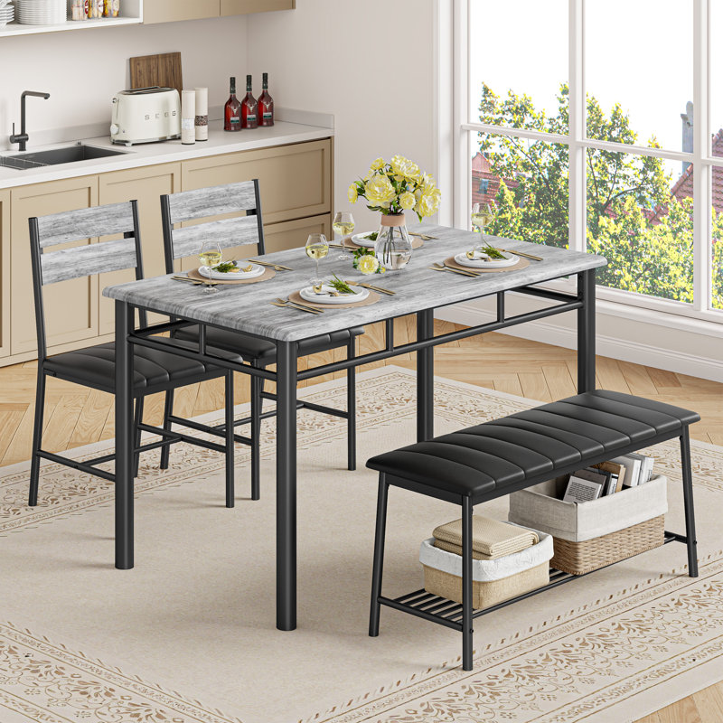 4-Piece Dining Table Set For 4, Kitchen Table With Pu Upholstered Bench and 2 Dining Chairs, Gray