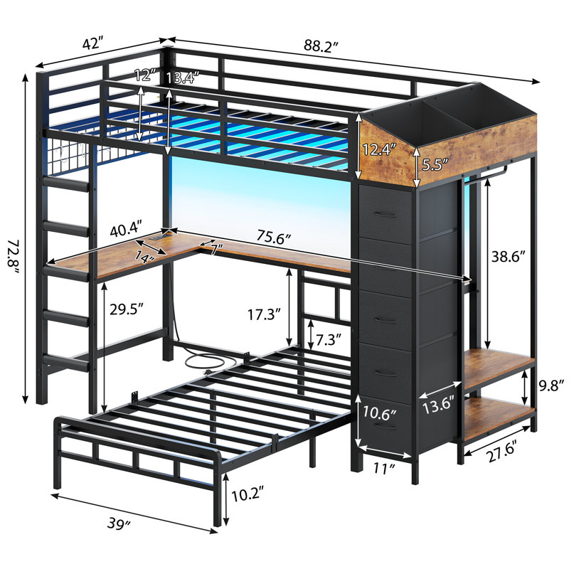 Bunk Bed with Desk and Storage Hall Tree & 5 Drawers, Black