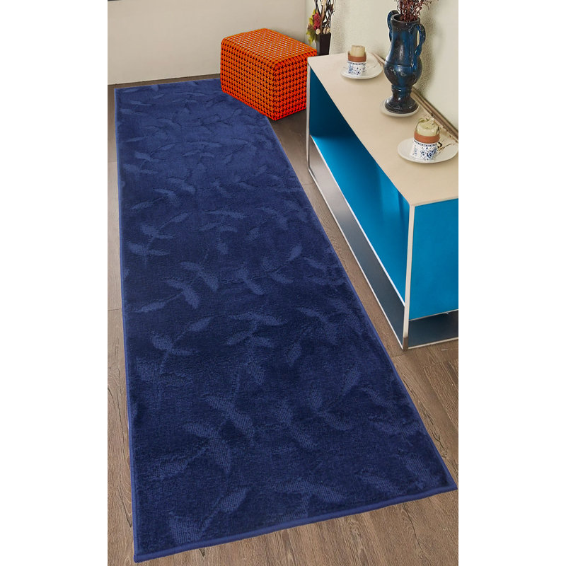 Antibacterial Soft Touch Anti Slip Rug Leaves Navy Design Adjustable Size, Runner 2'2" x 11'