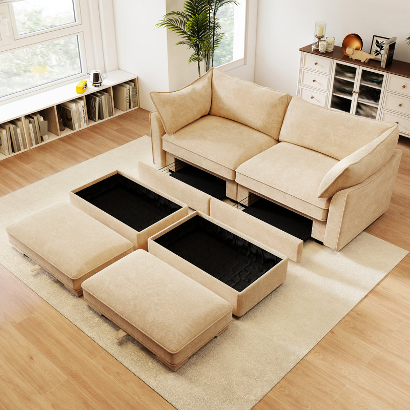 Wheat Tone 2 With Storage , Chenille Upholstery, Crescent-Shaped Cushions, Piped Armrest Edges, Fits Home Settings Coloured 2 Hidden Spaces In Seats And Soft Wrapped-Around , Ideal For Different Decor