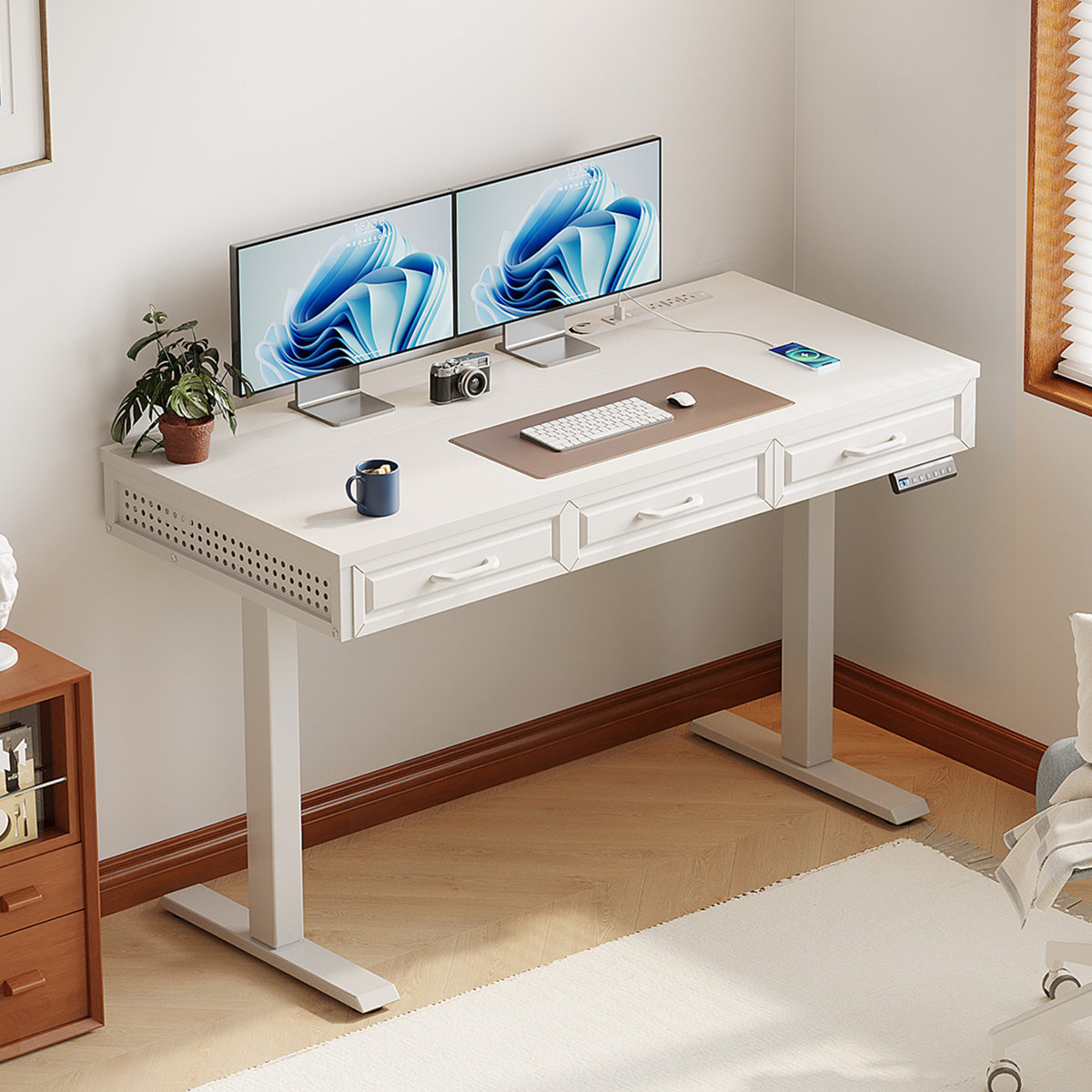 Height Adjustable Standing Desk With Integrated Charging Station, Electric Standing Desk With Three Wooden Drawers, Standing Desk With Memory Controll