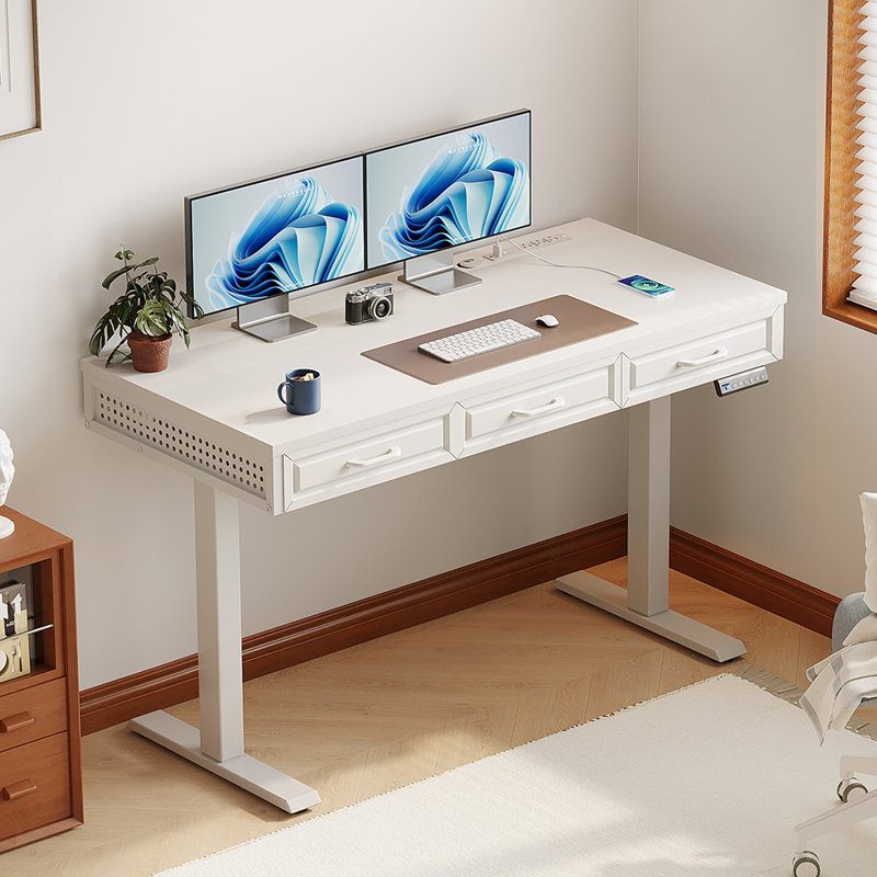 Height Adjustable Standing Desk With Integrated Charging Station, Electric Standing Desk With Three Wooden Drawers, Standing Desk With Memory Controll