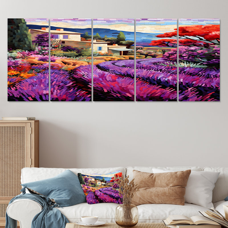 «White Cottage In Blossoming Lavender Fields - Lavender Fields», art mural 5 pièces, H 32 po x l 80 po