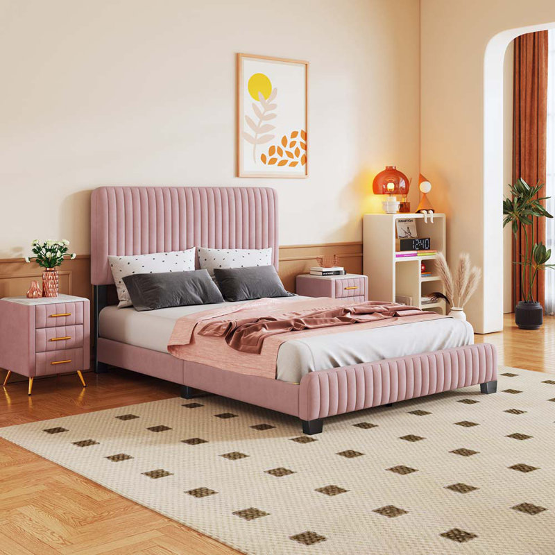 Ensemble de chambre à coucher 3 pièces avec lit double tapissier Candleick, Rose