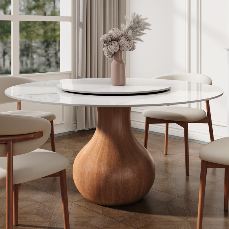 Table de salle à manger de style Mid-Century moderne campagnard en pierre frittée avec plateau tournant pour 4/6/8/10, Blanc