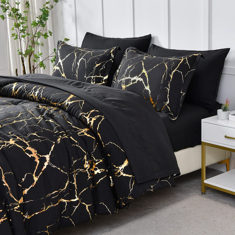 Metallic Marble Comforter Set,7 Piece Bed In A Bag, Queen Comforter + 6 Additional Pieces