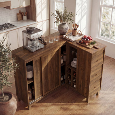 Large Corner Cabinet With Charging Station,L-Shaped Kitchen Pantry Cabinet With 3 Drawers,Kitchen Pantry Storage Cabinet With Wine Rack,Glass Rack,Sliding Door(Walnut)