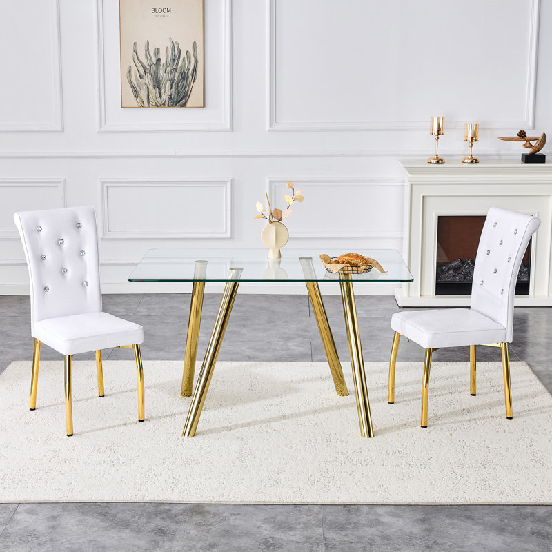 Table de salle à manger en verre trempé avec pieds robustes en métal, Doré