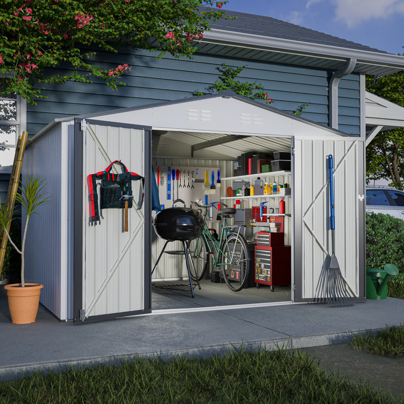 Grey Outdoor Storage Shed With Sloped Roof - 10x8 Ft Galvanized Steel For Garden, Patio, Lawn Ventilation Lawn,, White