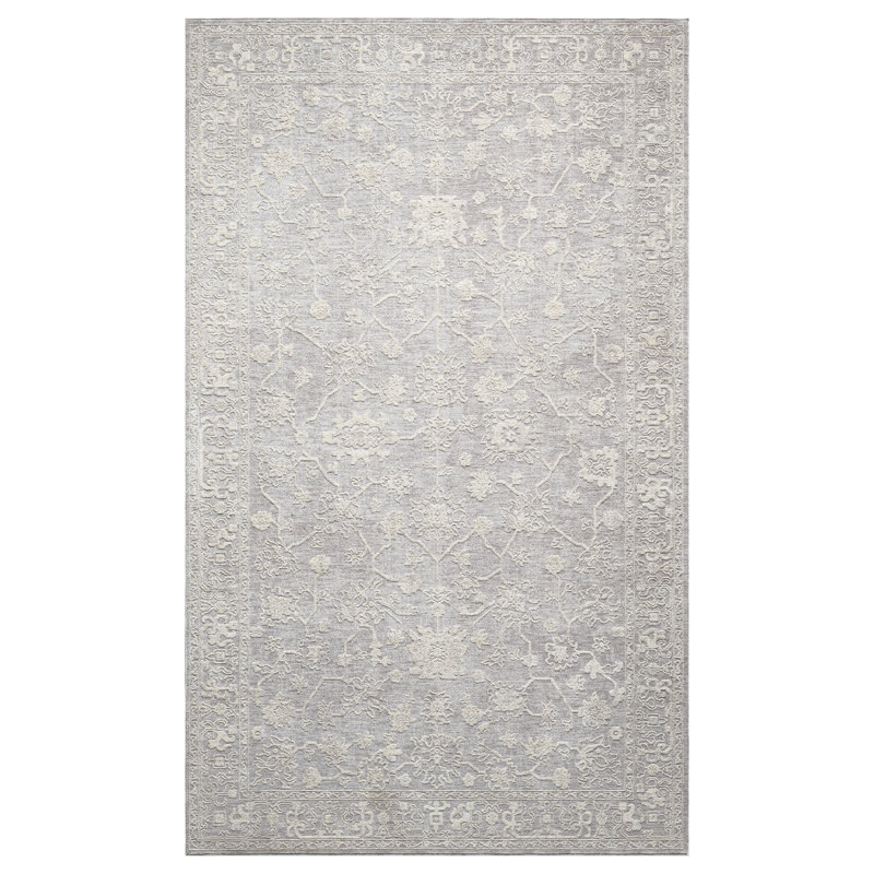 Mulay Floral Farmhouse High-Low/Carved Polyester Area Rug, Rectangle 5'9" x 8'9", Silver