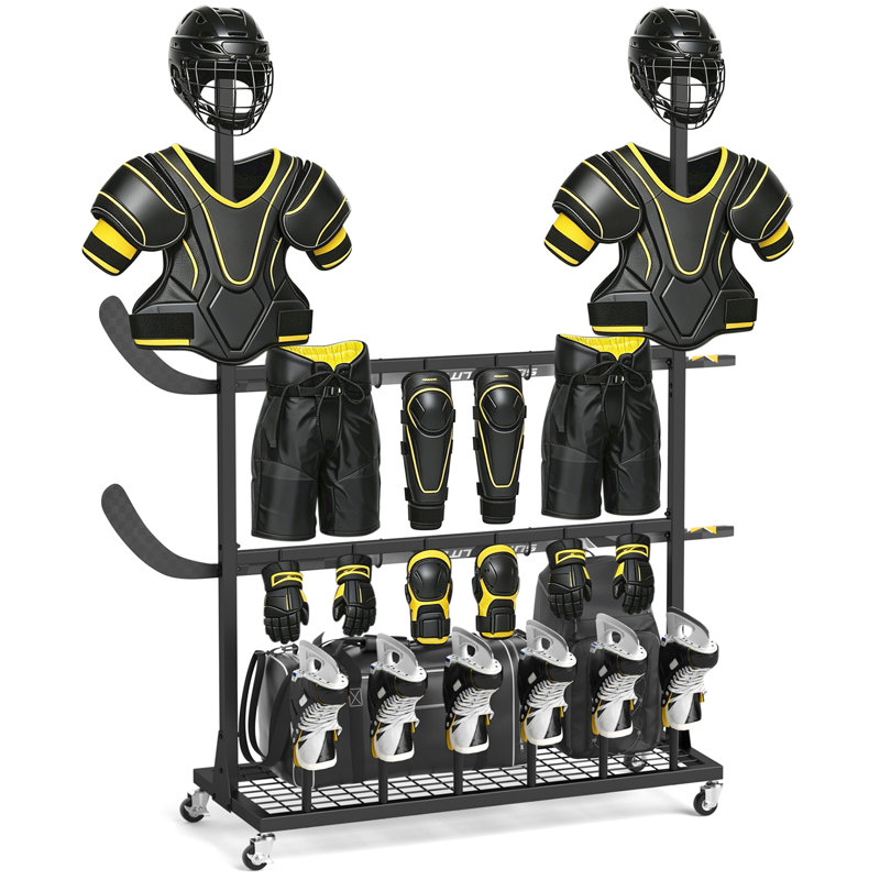 Séchoir pour équipement de hockey avec tablette de rangement et roues, support pour bâtons de hockey sur glace, sécheuse pour hockey sur glace, crosse, grand présentoir de support à arbre de sport en métal pour la maison, vestiaire