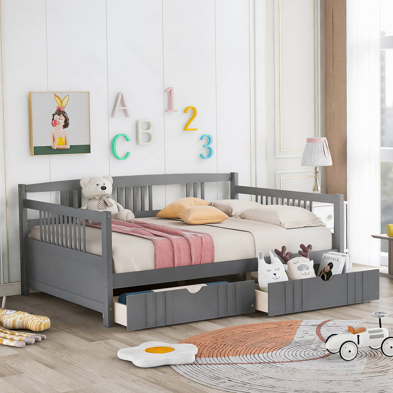 Daybed Wood Bed with Two Drawers, Gray, Full/Double