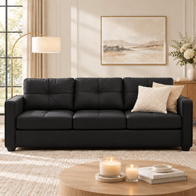 88” W Faux Leather Couch With Square Armrests